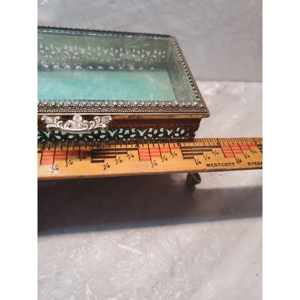 Antique Ormolu Gold Filigree Jewelry Casket Box Beveled Glass Velvet Cherub